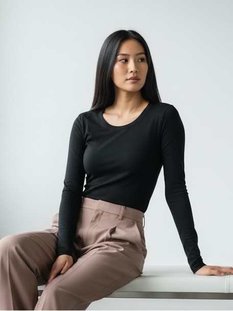 1368 Black Butter Soft Microfiber Long Sleeve Round Neck Tee